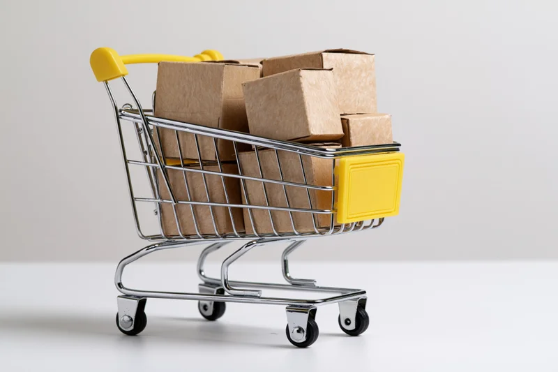Miniature shopping cart filled with cardboard boxes on white surface