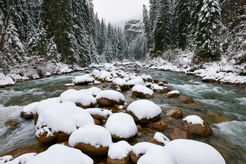 Swift mountain river flowing over snow-covered amber-brown rocks in a snowy forest valley