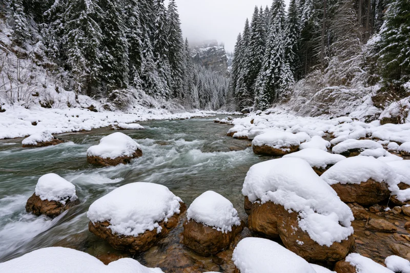 Swift mountain river flowing over snow-covered amber rocks in a snowy forest valley