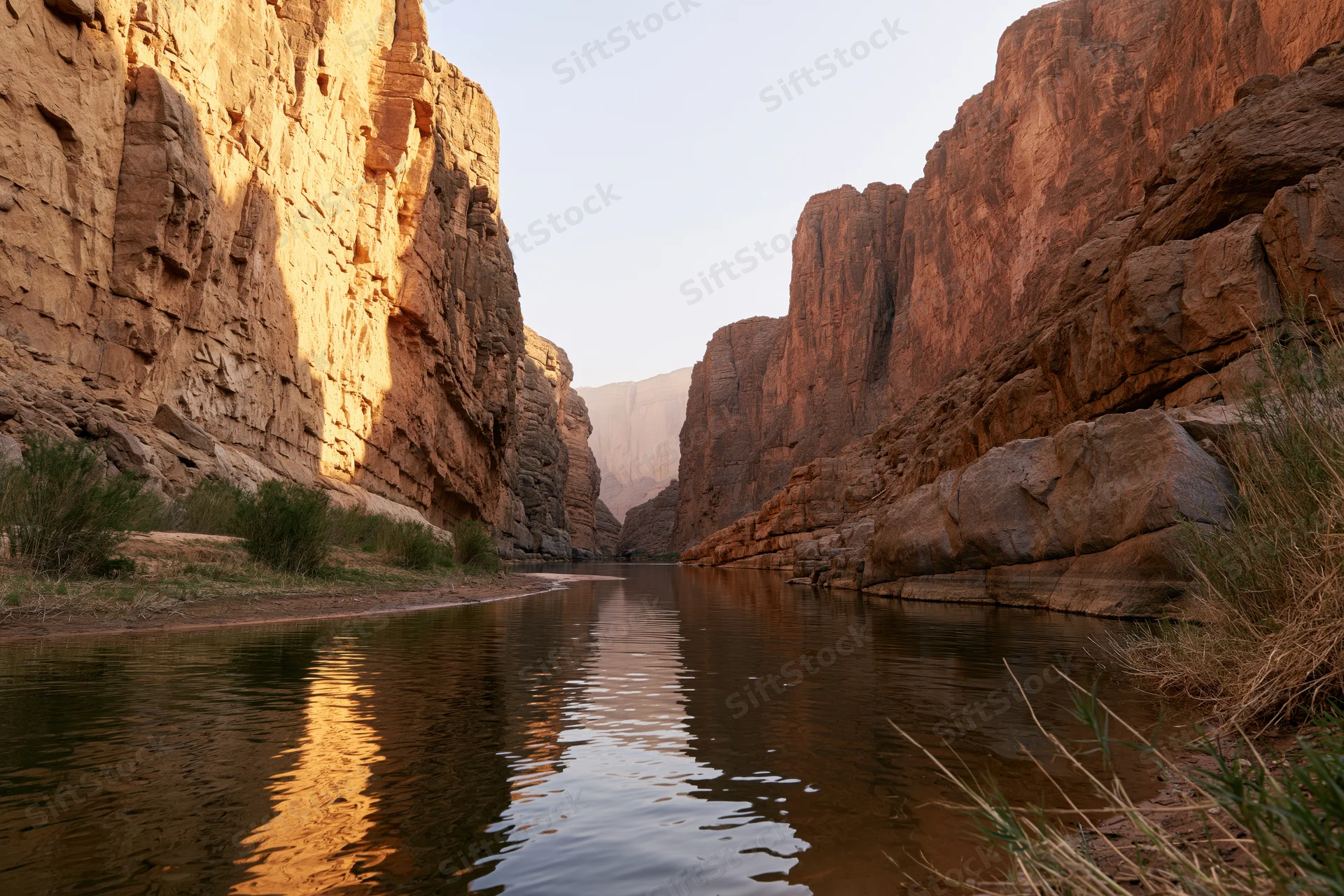 Narrow desert canyon with towering sandstone cliffs and calm river reflecting golden light at sunrise