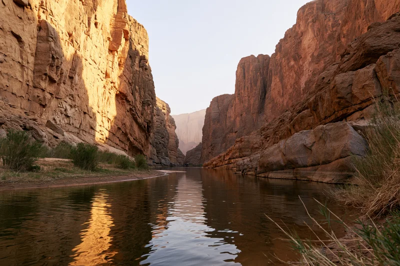 Narrow desert canyon with towering sandstone cliffs and calm river reflecting golden light at sunrise