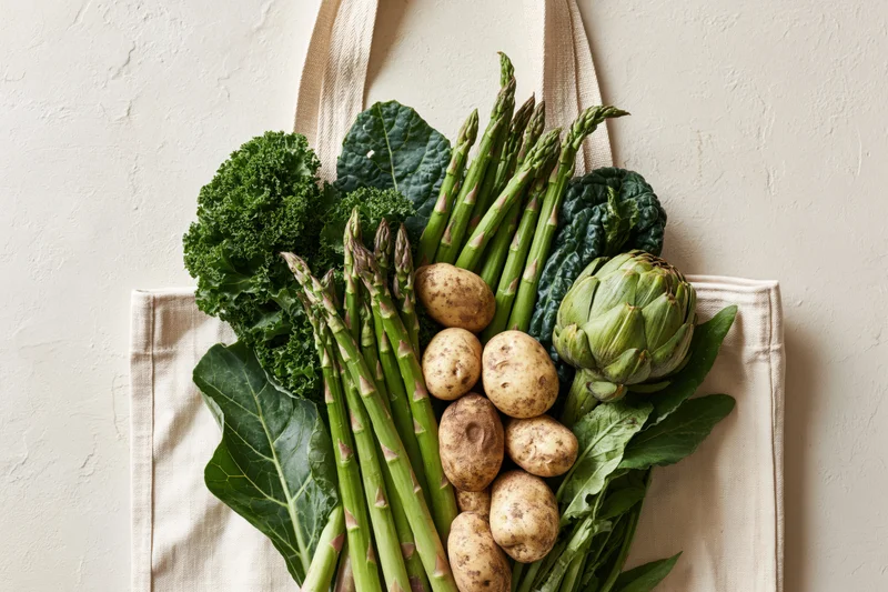 Tote bag filled with fresh green vegetables including asparagus, kale, potatoes and artichoke against a light wall