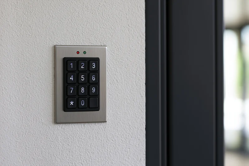 Numeric keypad access control panel mounted on white textured wall beside dark doorframe