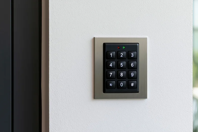 Numeric keypad access control panel mounted on white textured wall beside door
