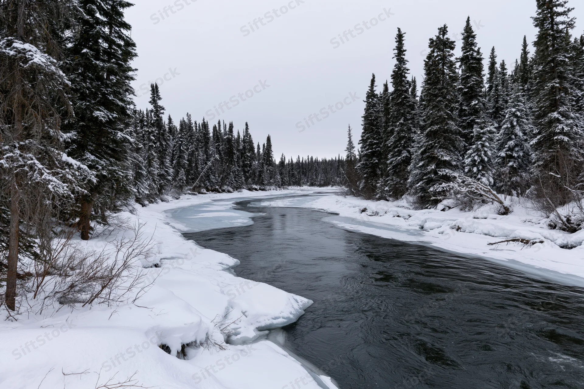 Partially frozen river winding through snow-covered boreal forest