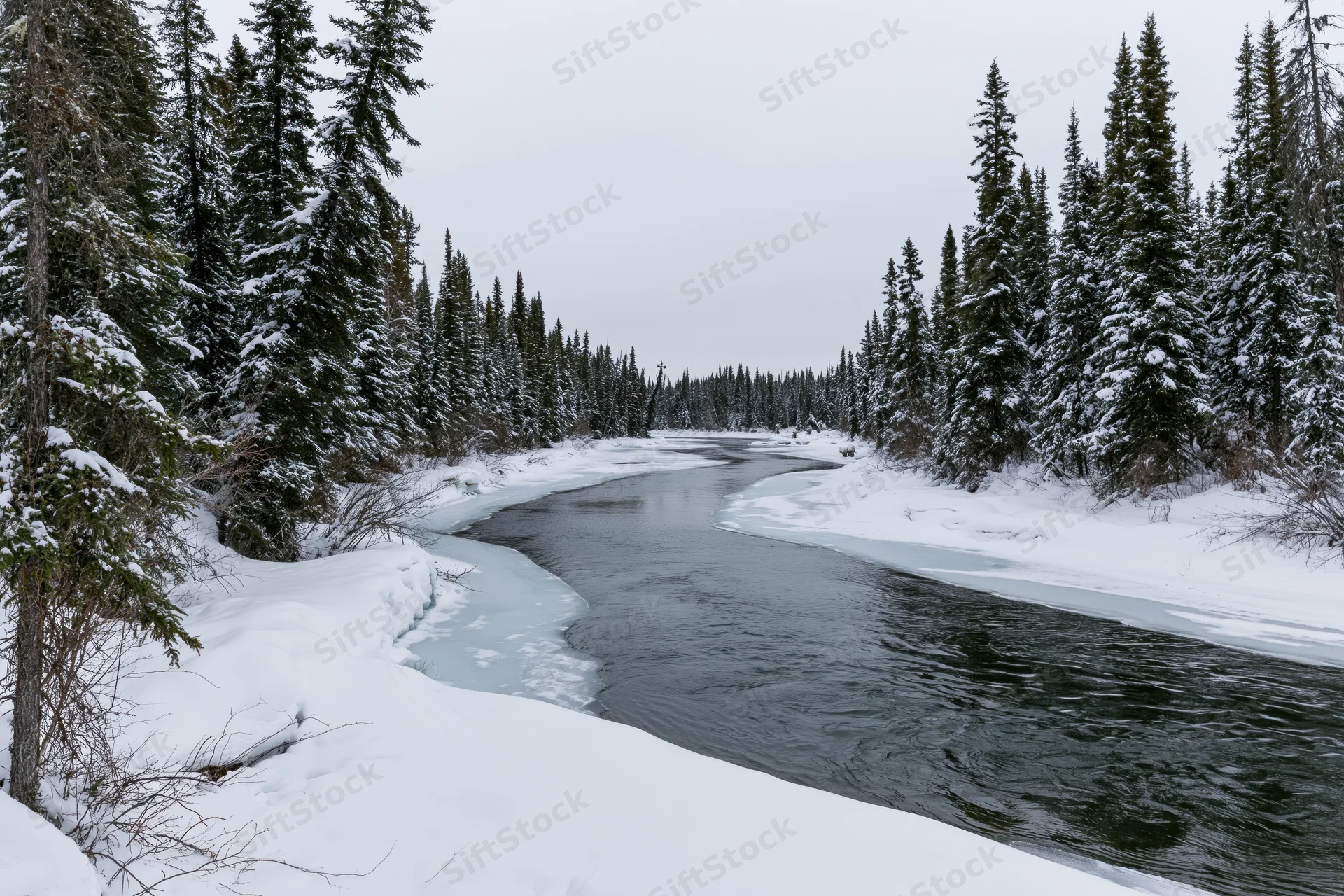Partially frozen river winding through snow-covered boreal forest