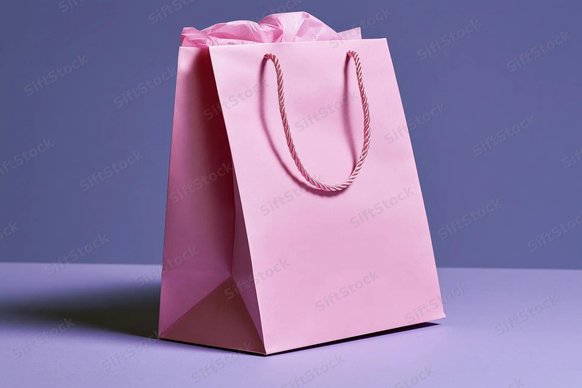 Pink paper shopping bag tilting on purple surface with crumpled tissue paper inside