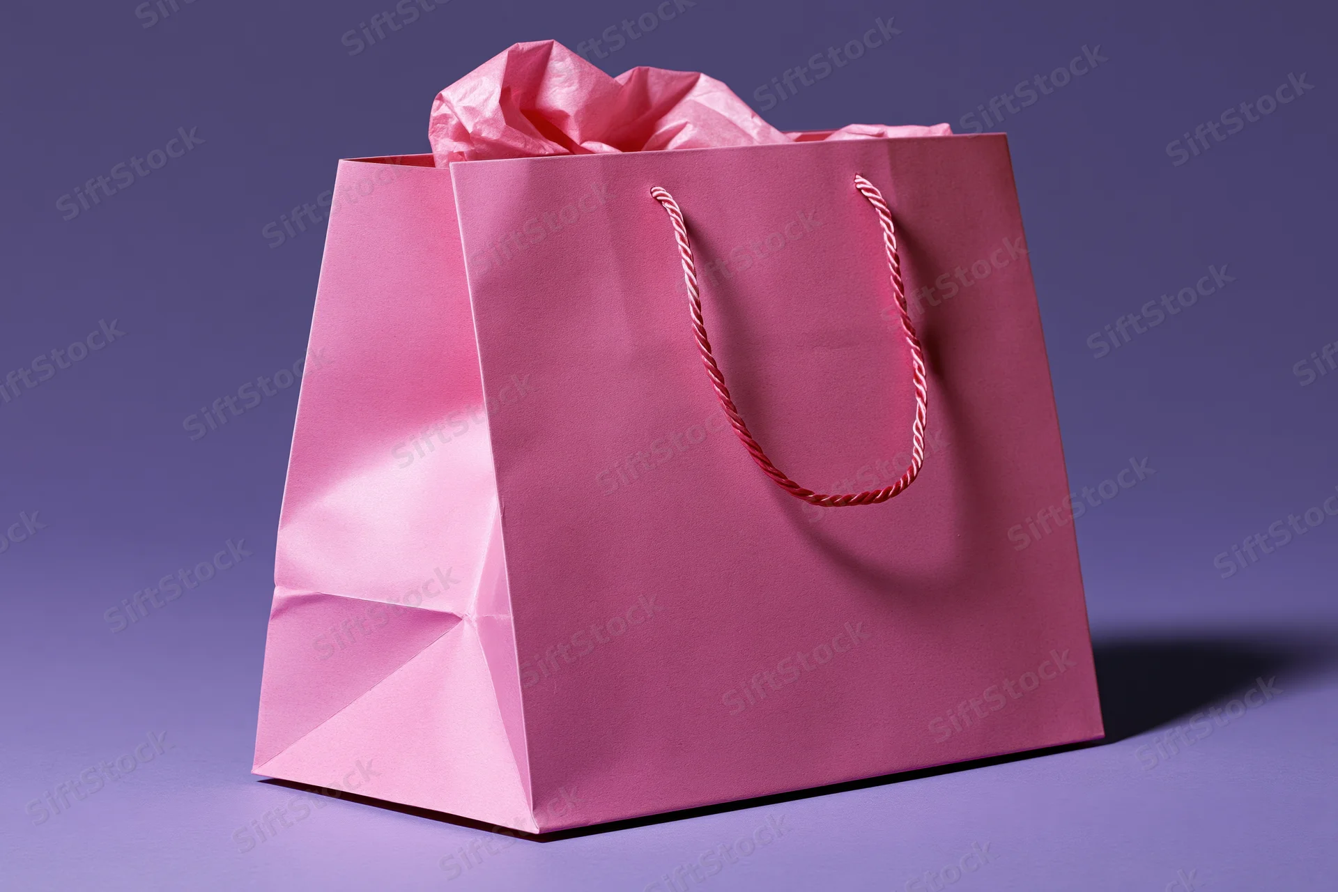 Pink paper shopping bag with crumpled tissue paper inside, tilting on purple surface