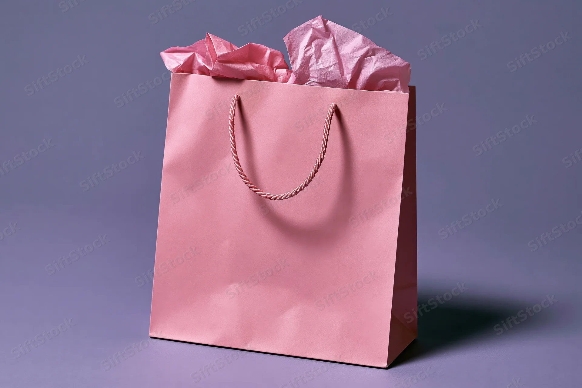 Pink paper shopping bag filled with crumpled tissue paper on a purple surface
