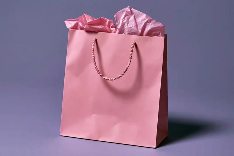 Pink paper shopping bag filled with crumpled tissue paper on a purple surface