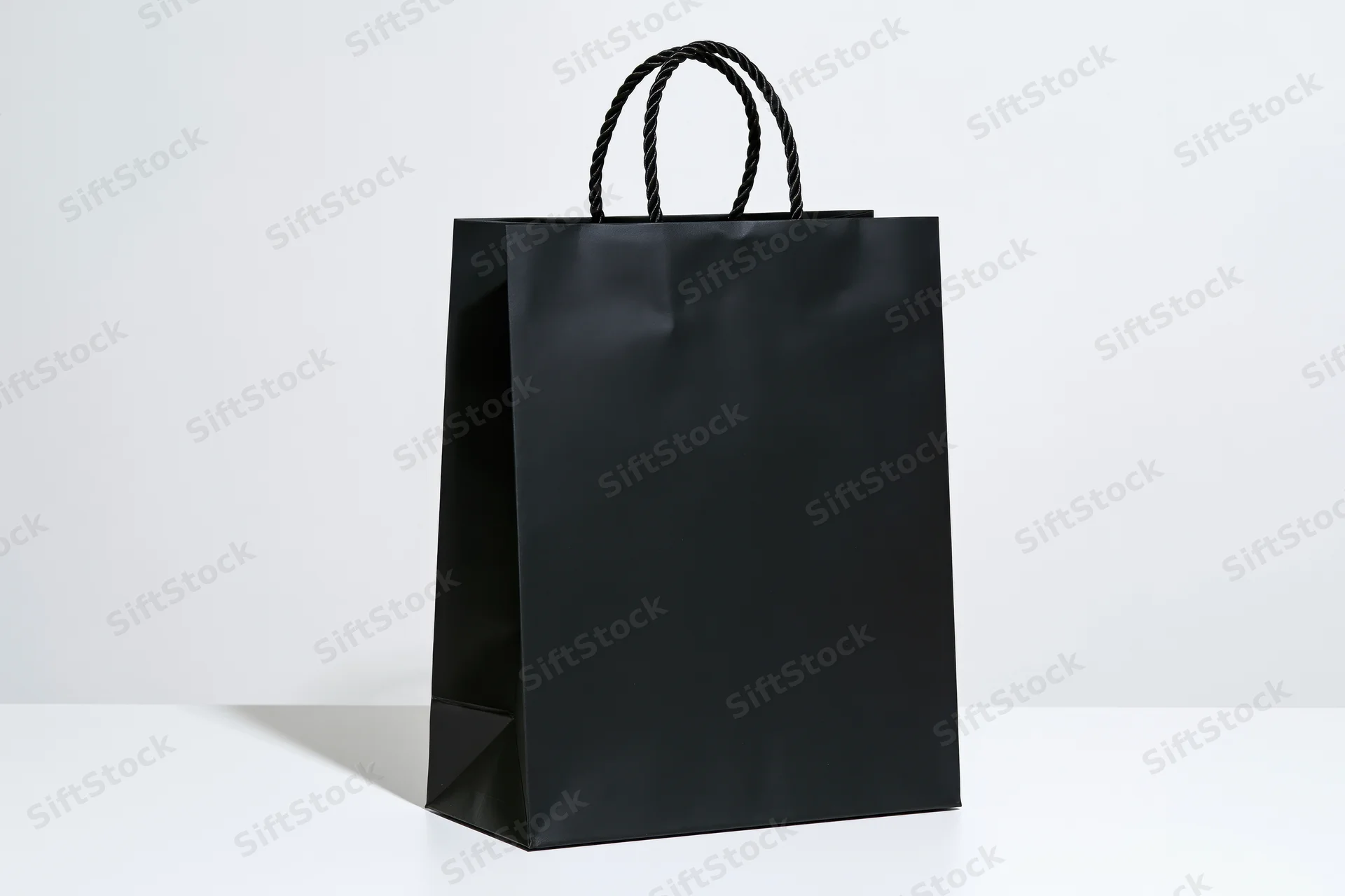 Matte black paper shopping bag with twisted rope handles on white surface