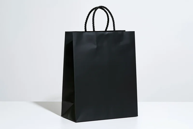 Matte black paper shopping bag with twisted rope handles on white surface