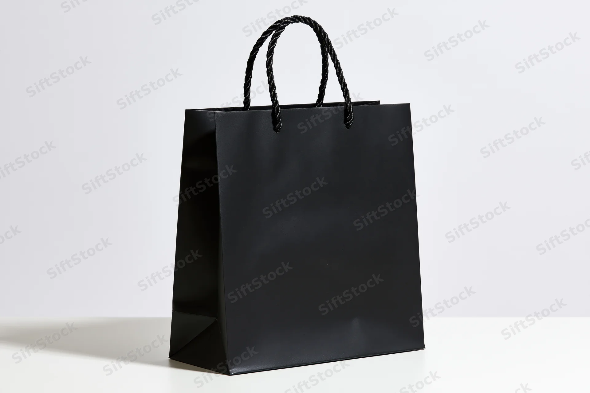 Matte black paper shopping bag with twisted rope handles on white surface