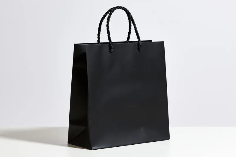 Matte black paper shopping bag with twisted rope handles on white surface