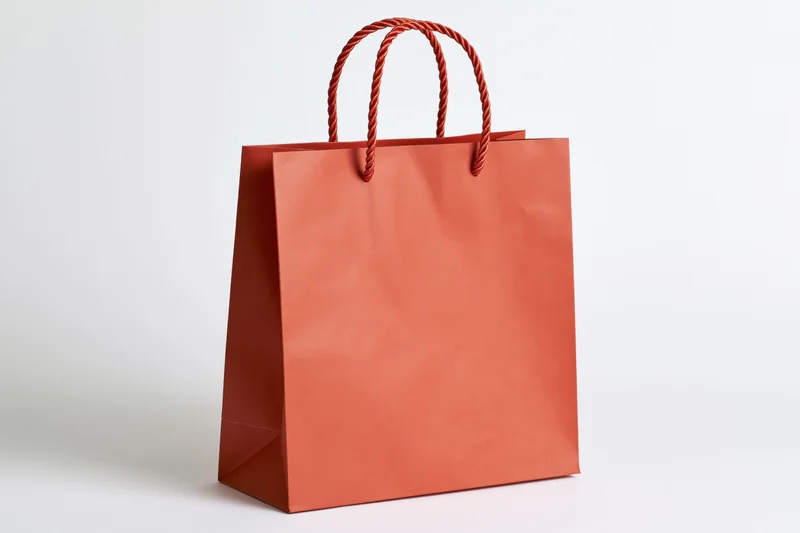 Red-orange kraft paper shopping bag with twisted rope handles on white background