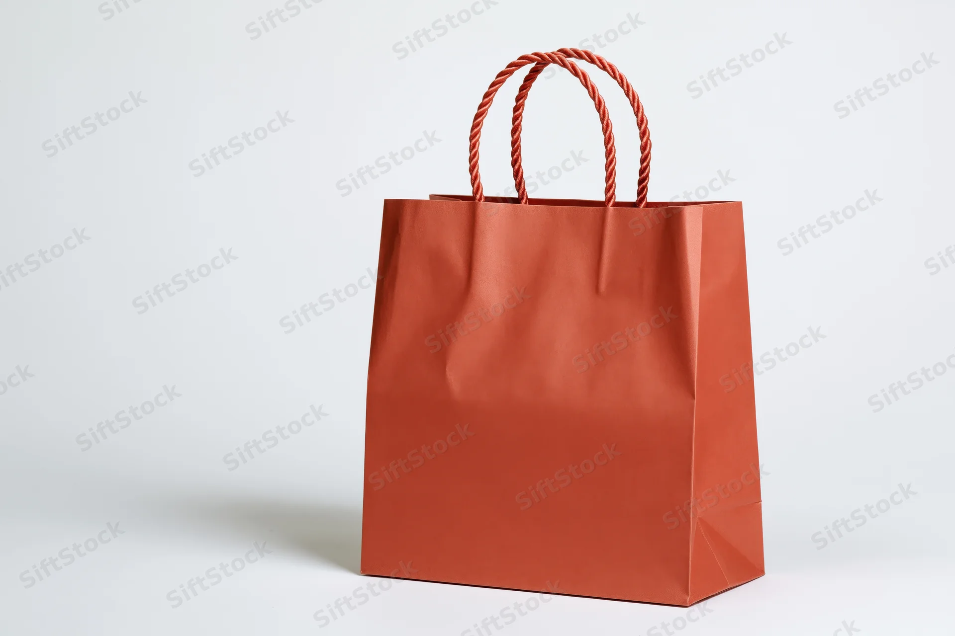 Red-orange kraft paper shopping bag with twisted rope handles on white background
