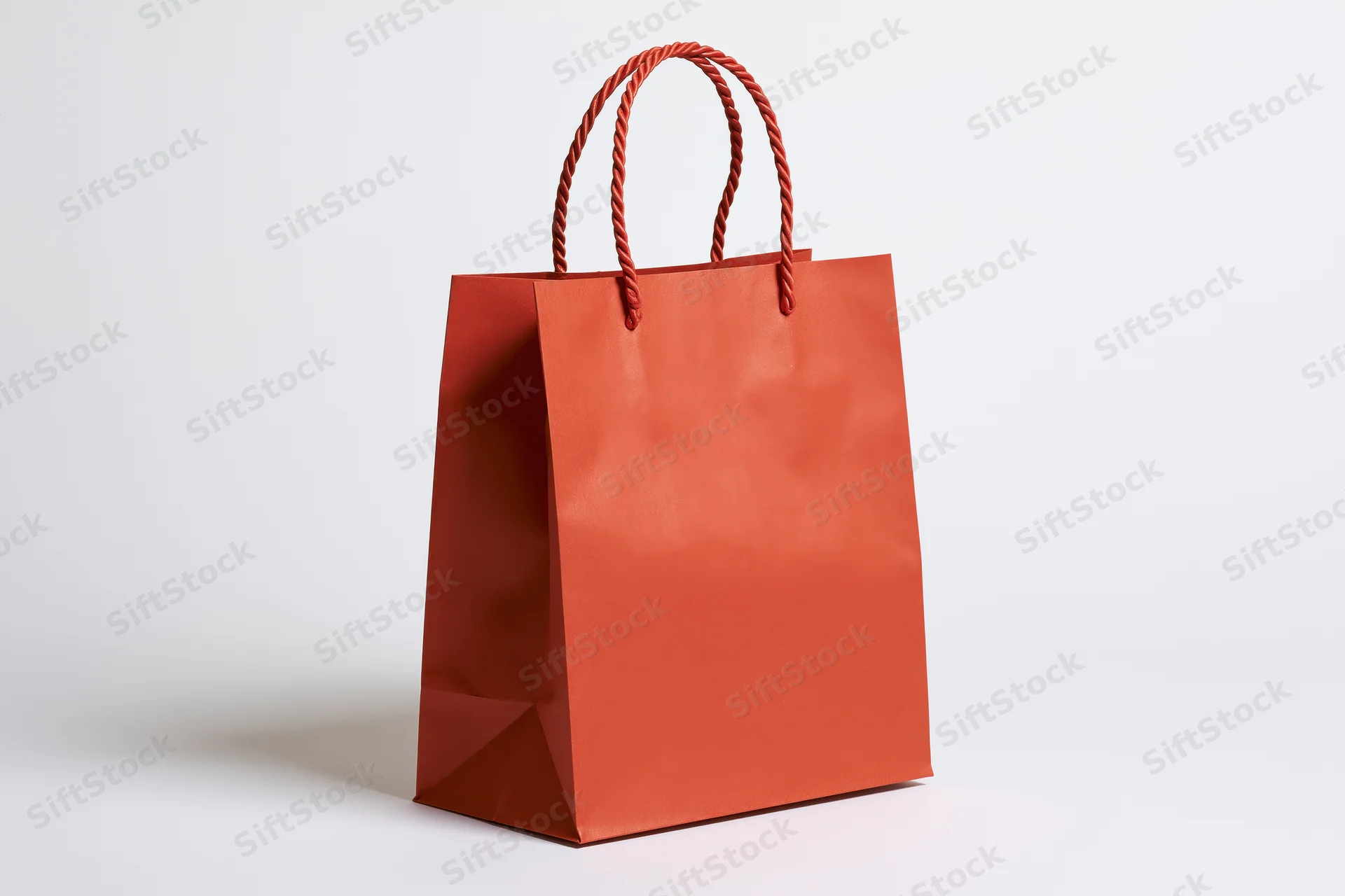Red-orange kraft paper shopping bag with twisted rope handles on white background