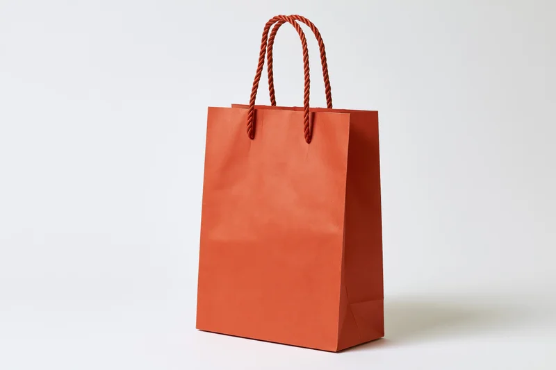 Red-orange kraft paper shopping bag with twisted rope handles on white background