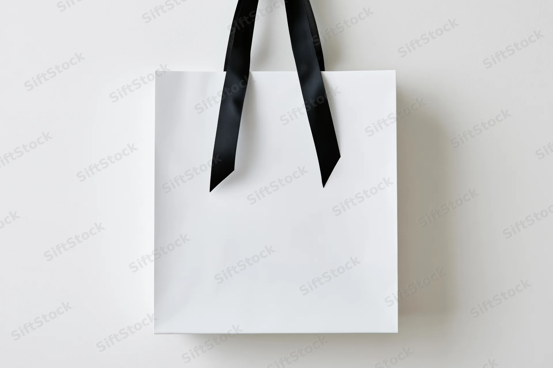 White paper shopping bag with black ribbon handles against plain background
