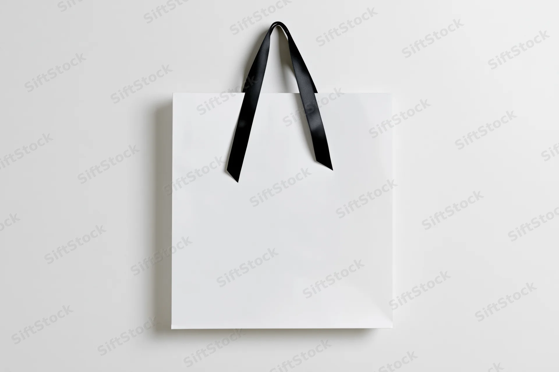 White paper shopping bag with black ribbon handles on plain background