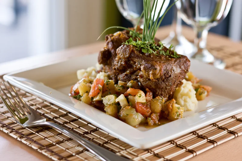 Braised beef dish with vegetables and herbs on a white square plate at a dining table