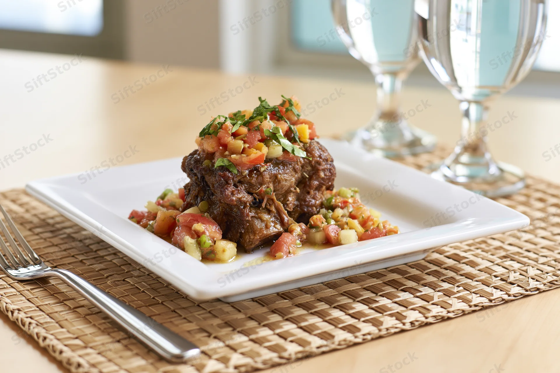 Braised beef dish with tomato salsa on a white square plate set on a woven placemat with glassware and fork beside it