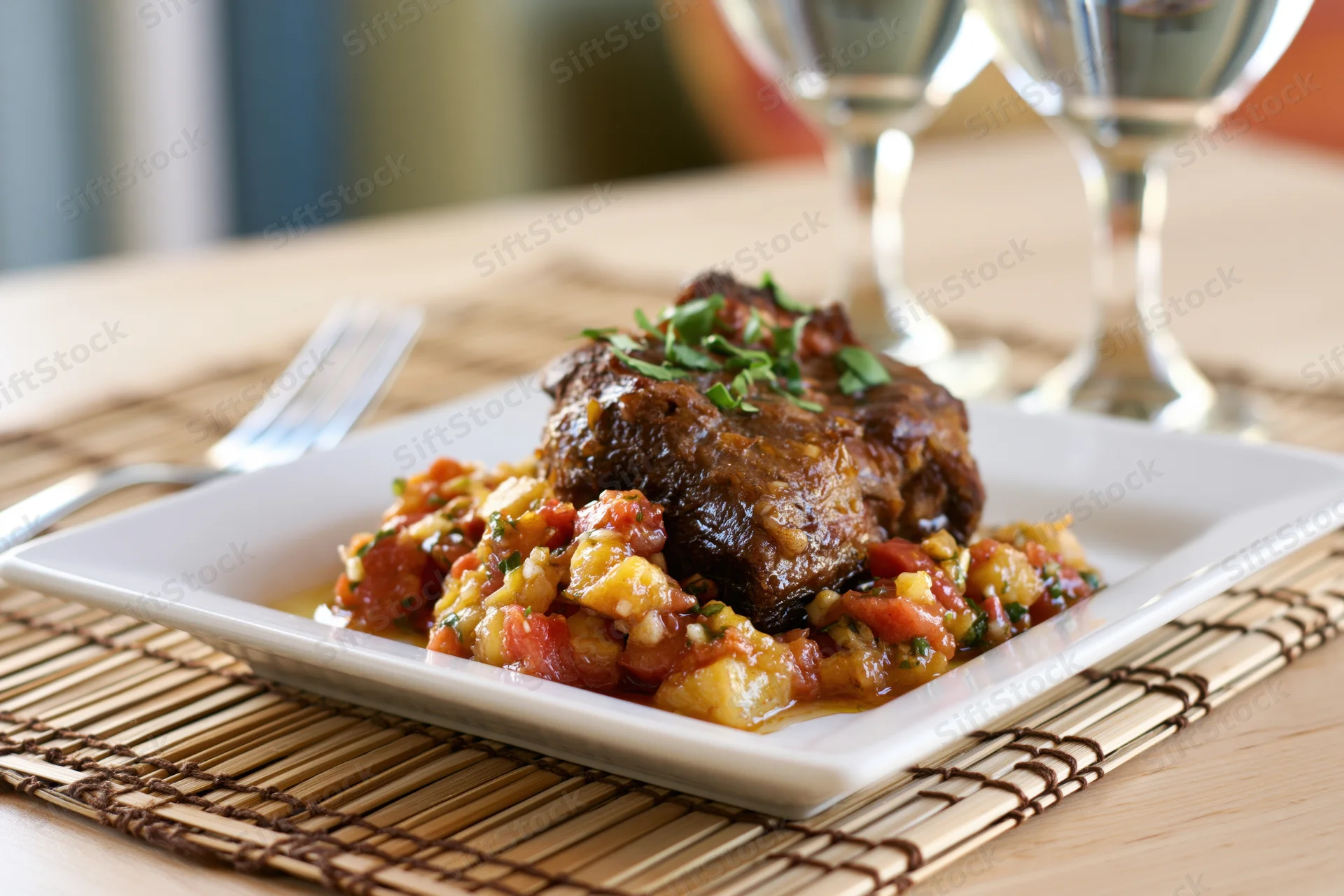 Braised meat with tomato sauce on a square white plate served on a bamboo placemat with wine glasses and fork nearby