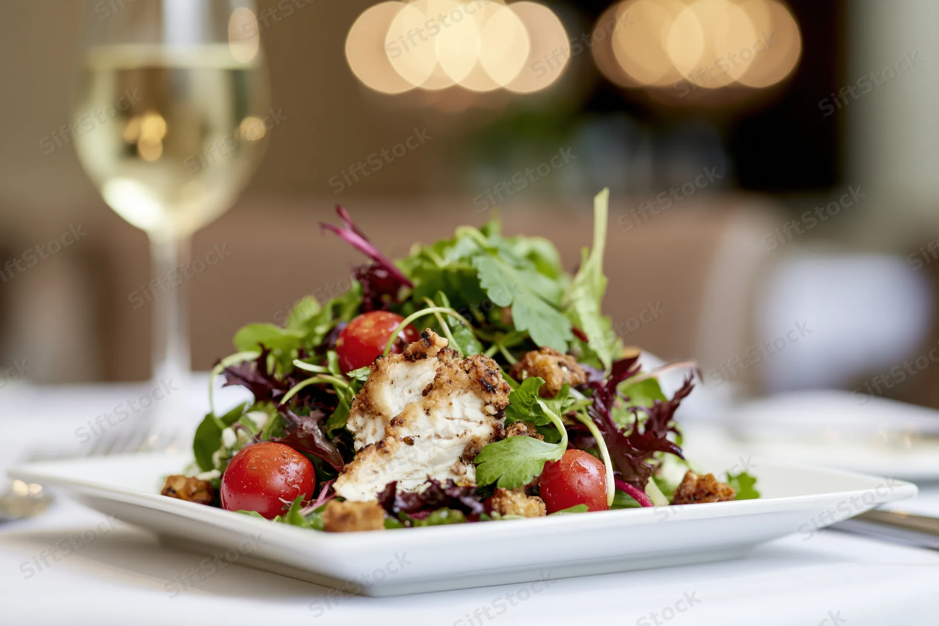 Salad with crispy chicken and cherry tomatoes on a white plate at a restaurant table