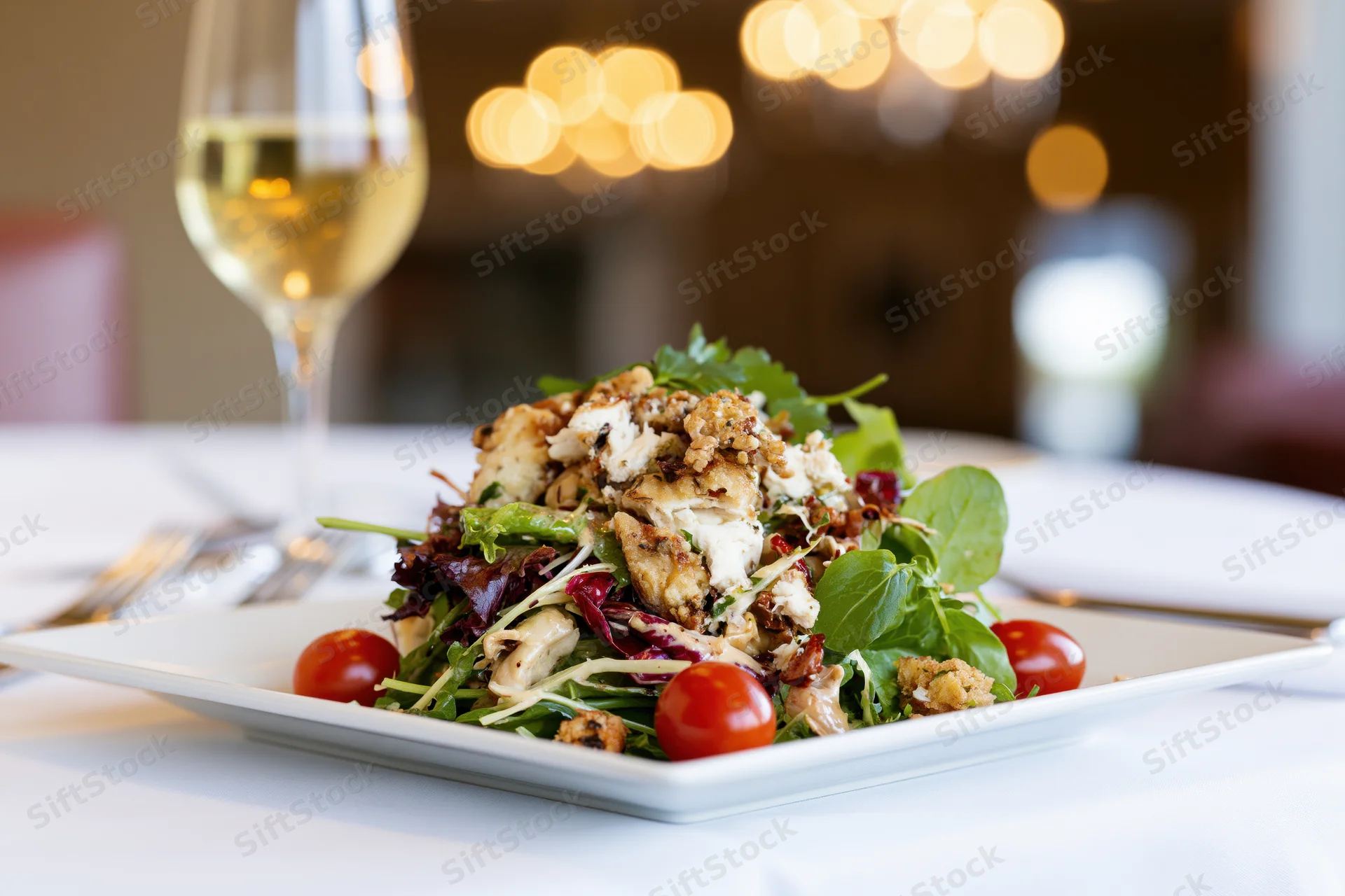 Plated salad with crispy chicken and cherry tomatoes on a white plate at a restaurant table