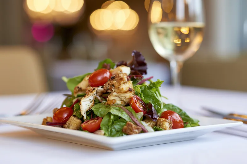 Salad with crispy chicken and cherry tomatoes on a white plate at a restaurant table