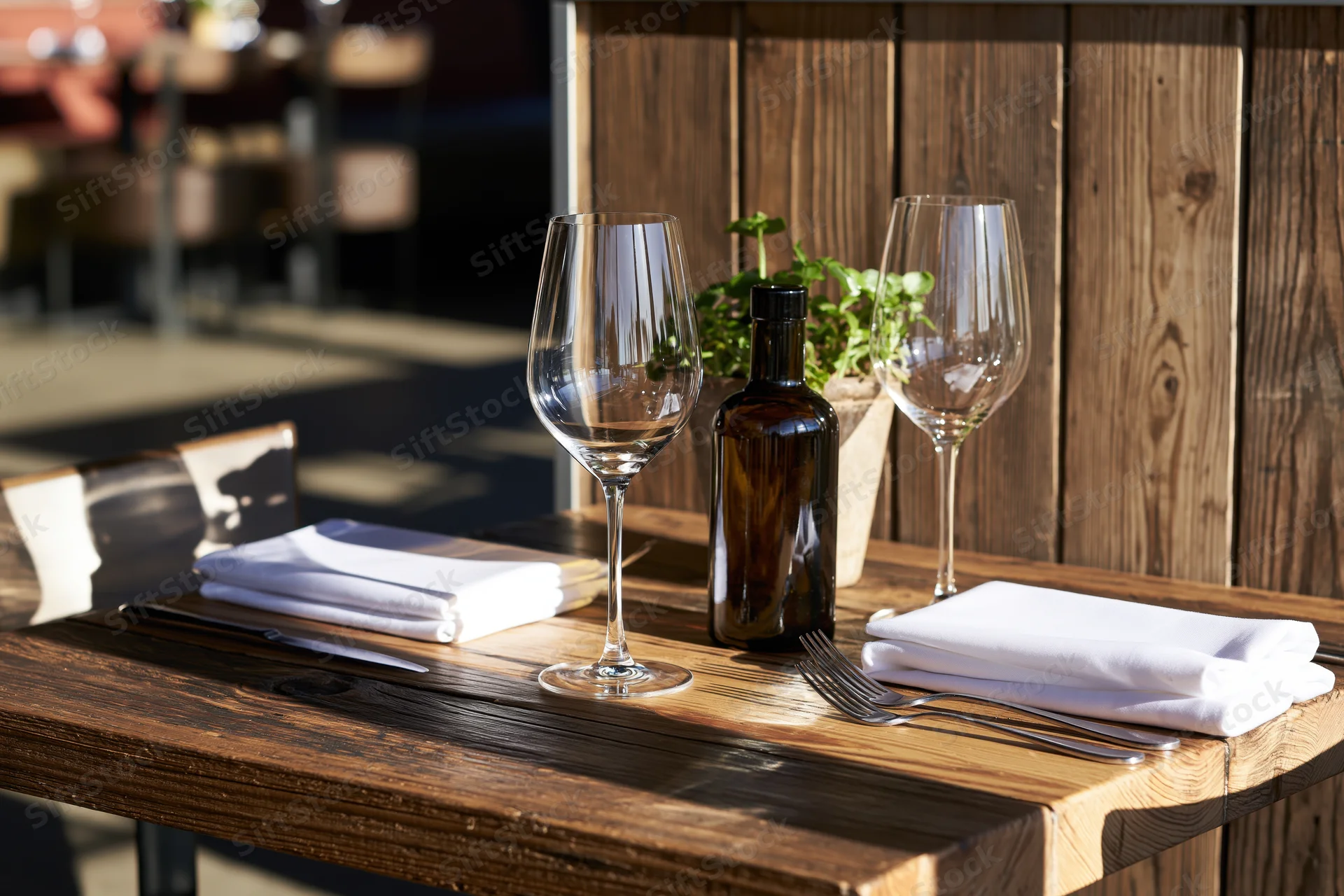 Wooden restaurant table set for two with wine glasses, bottle, napkins and cutlery outdoors
