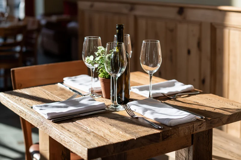 Wooden table set for two with wine glasses, napkins and cutlery in a restaurant interior