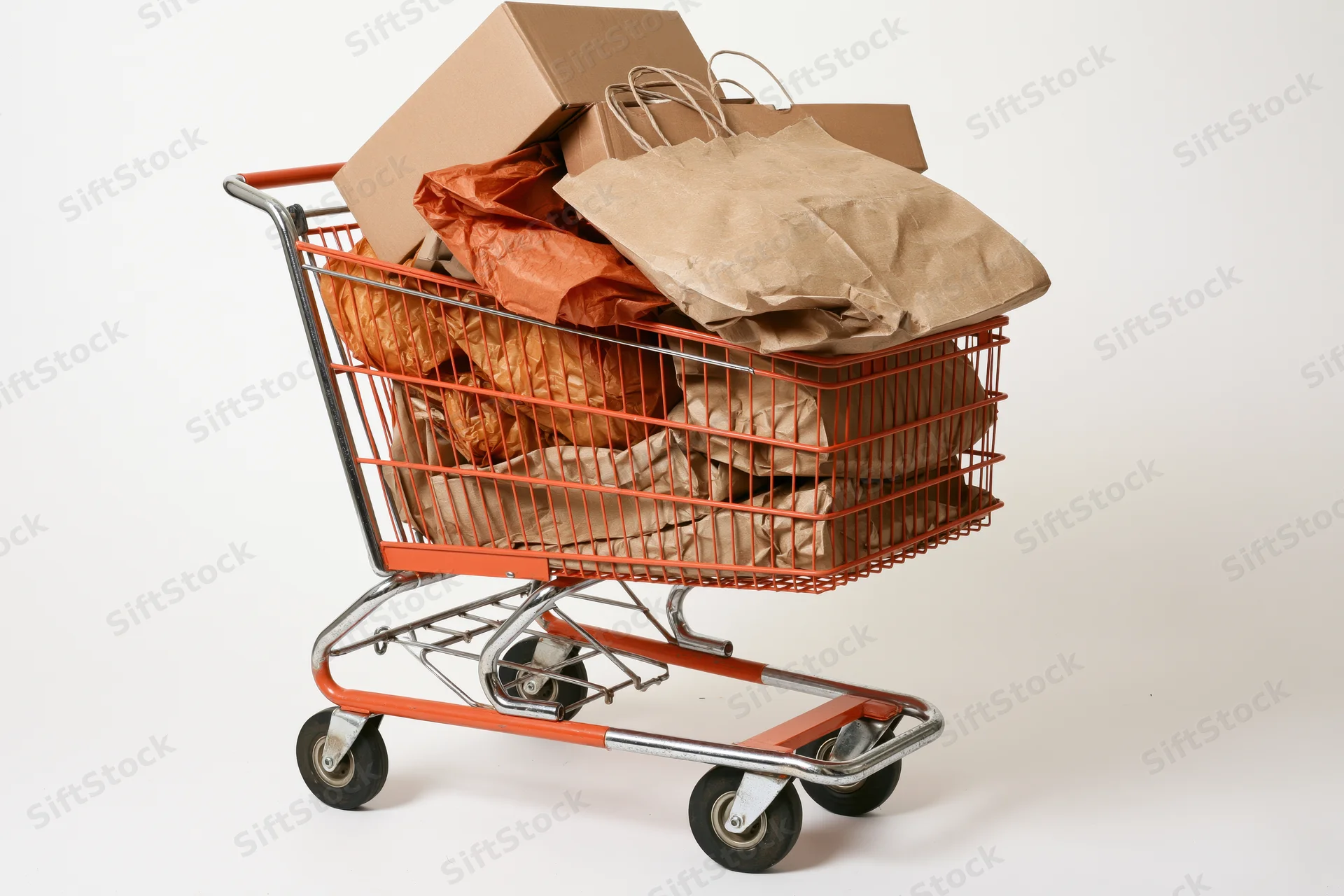Shopping cart filled with paper bags and cardboard boxes on white background