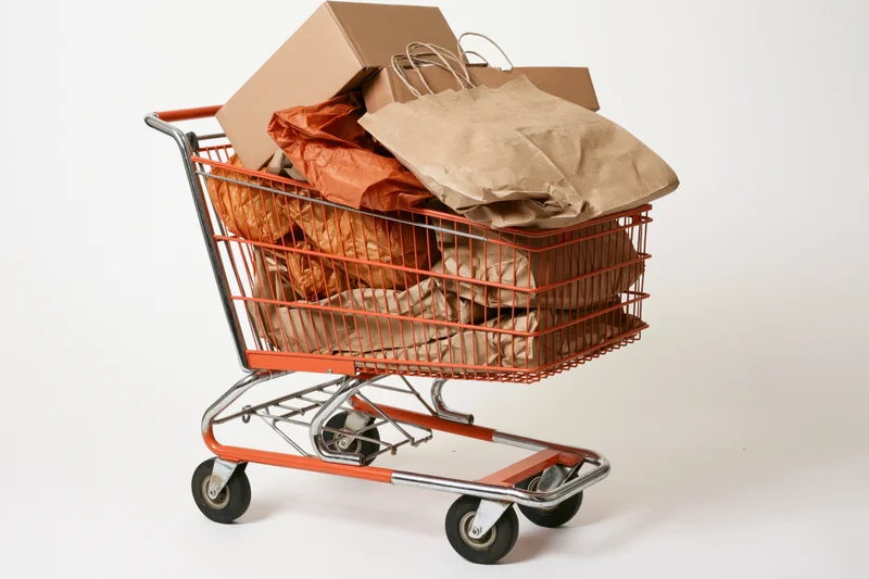 Shopping cart filled with paper bags and cardboard boxes on white background