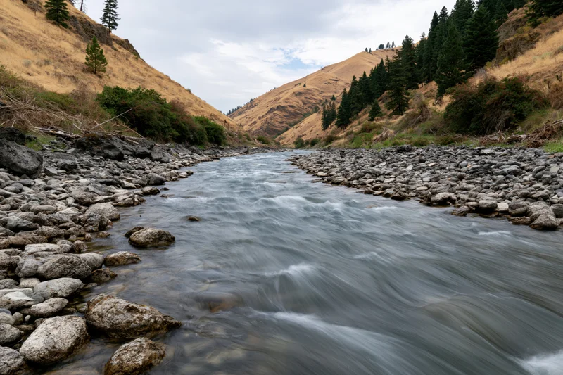 River flowing through narrow canyon with rocky streambed and forested hillsides