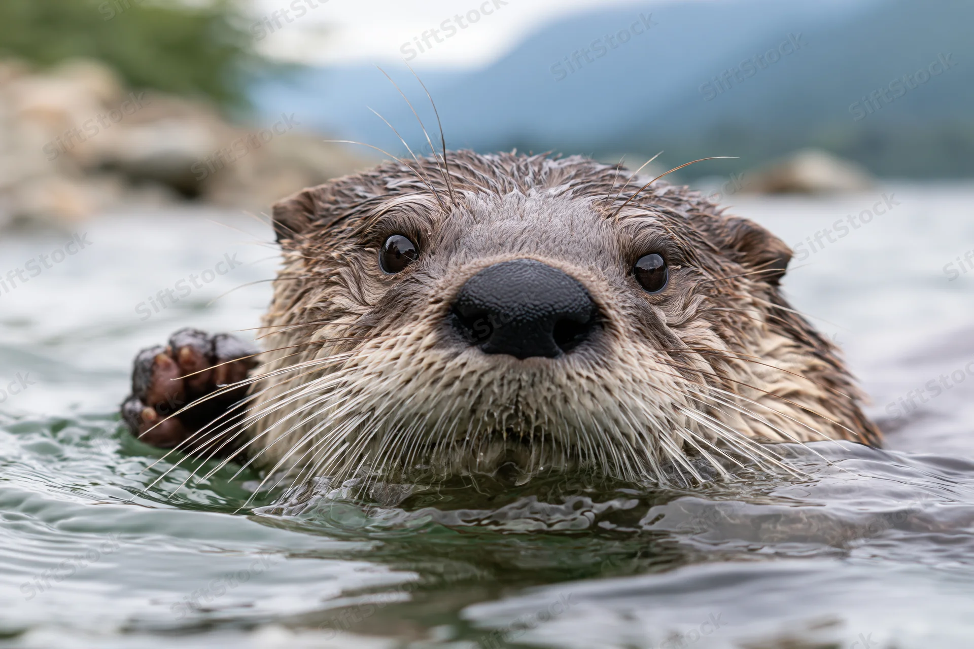 River otter swimming in water with head above surface, looking directly at camera