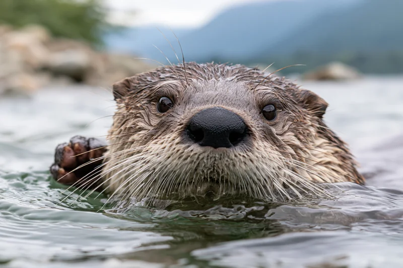 River otter swimming in water with head above surface, looking directly at camera