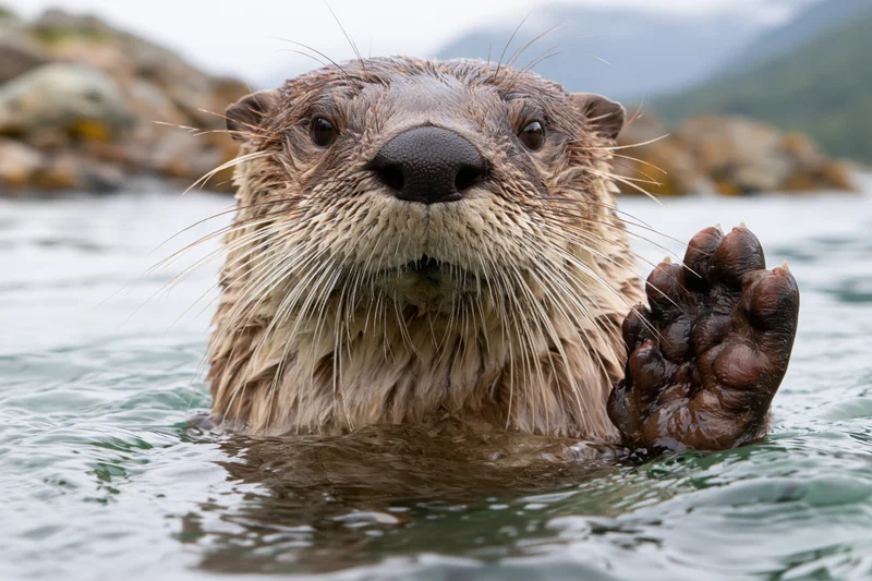 River otter swimming in water with head and paw above surface, peering at camera