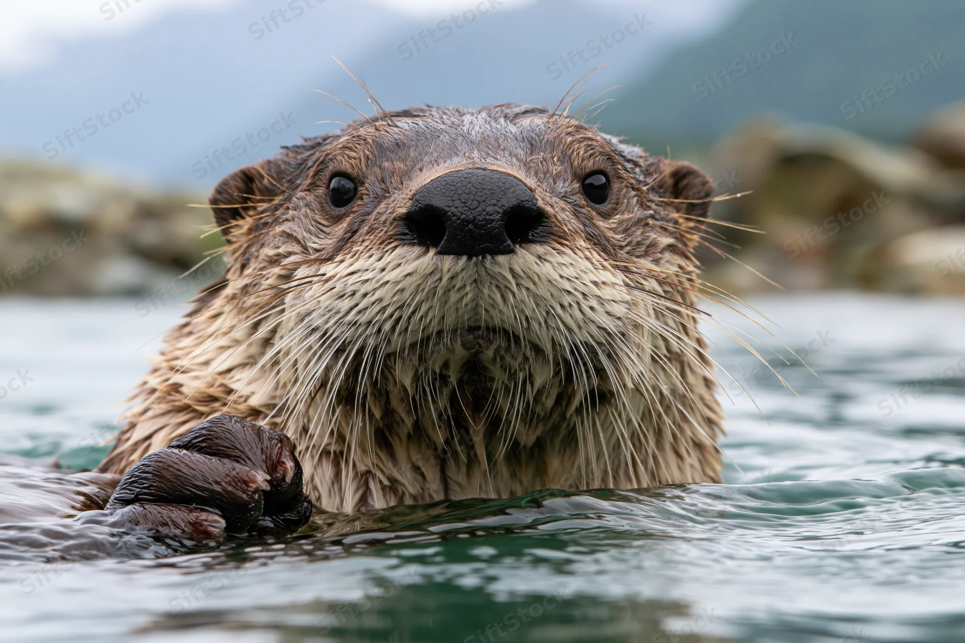 River otter swimming in water with head above surface, peering directly at camera
