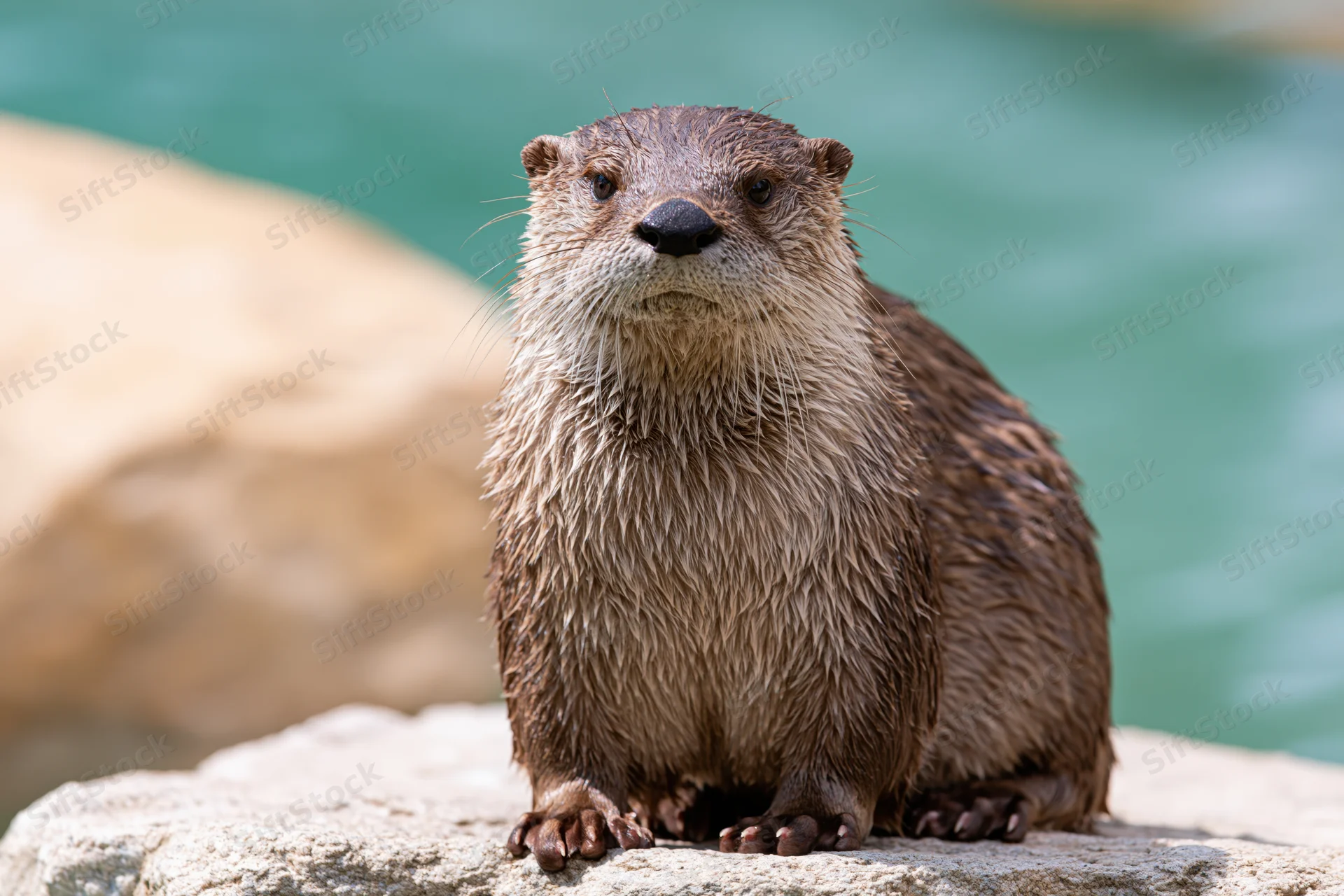 River otter sitting alert on a flat rock by water, wet fur clinging to body
