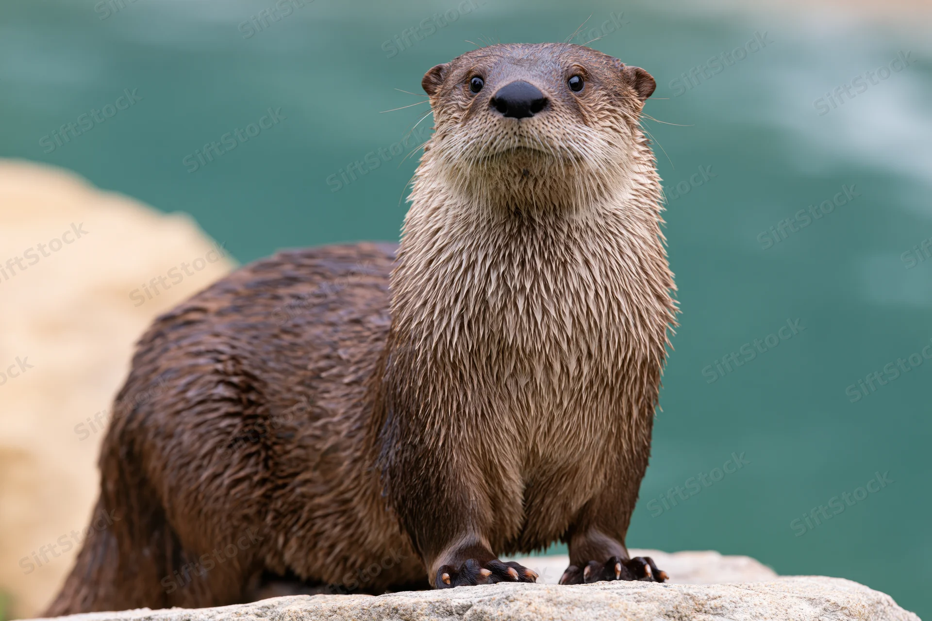 River otter standing alert on a rock by water with wet fur clinging to its body