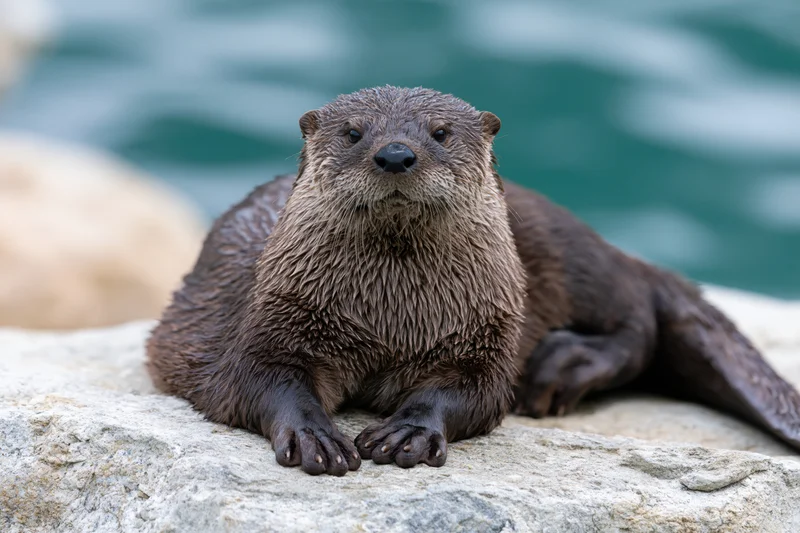 River otter resting on flat rock with front paws forward looking alert