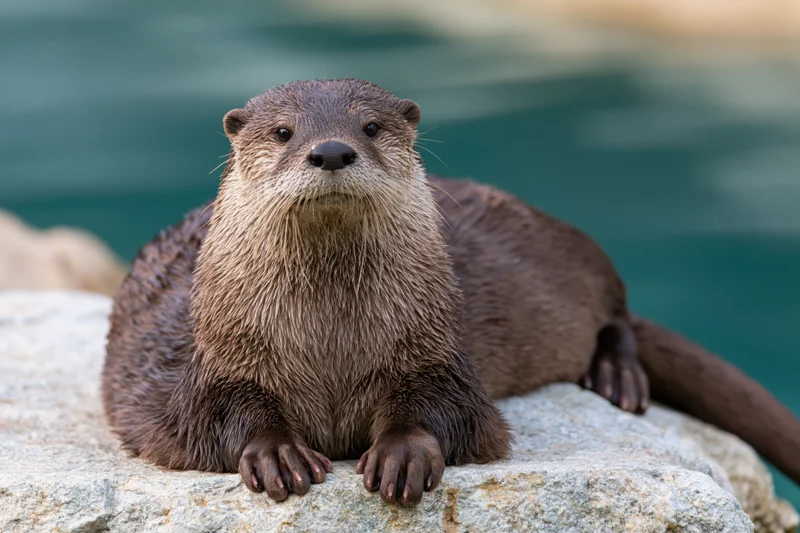 River otter resting on flat rock with front paws forward looking at camera