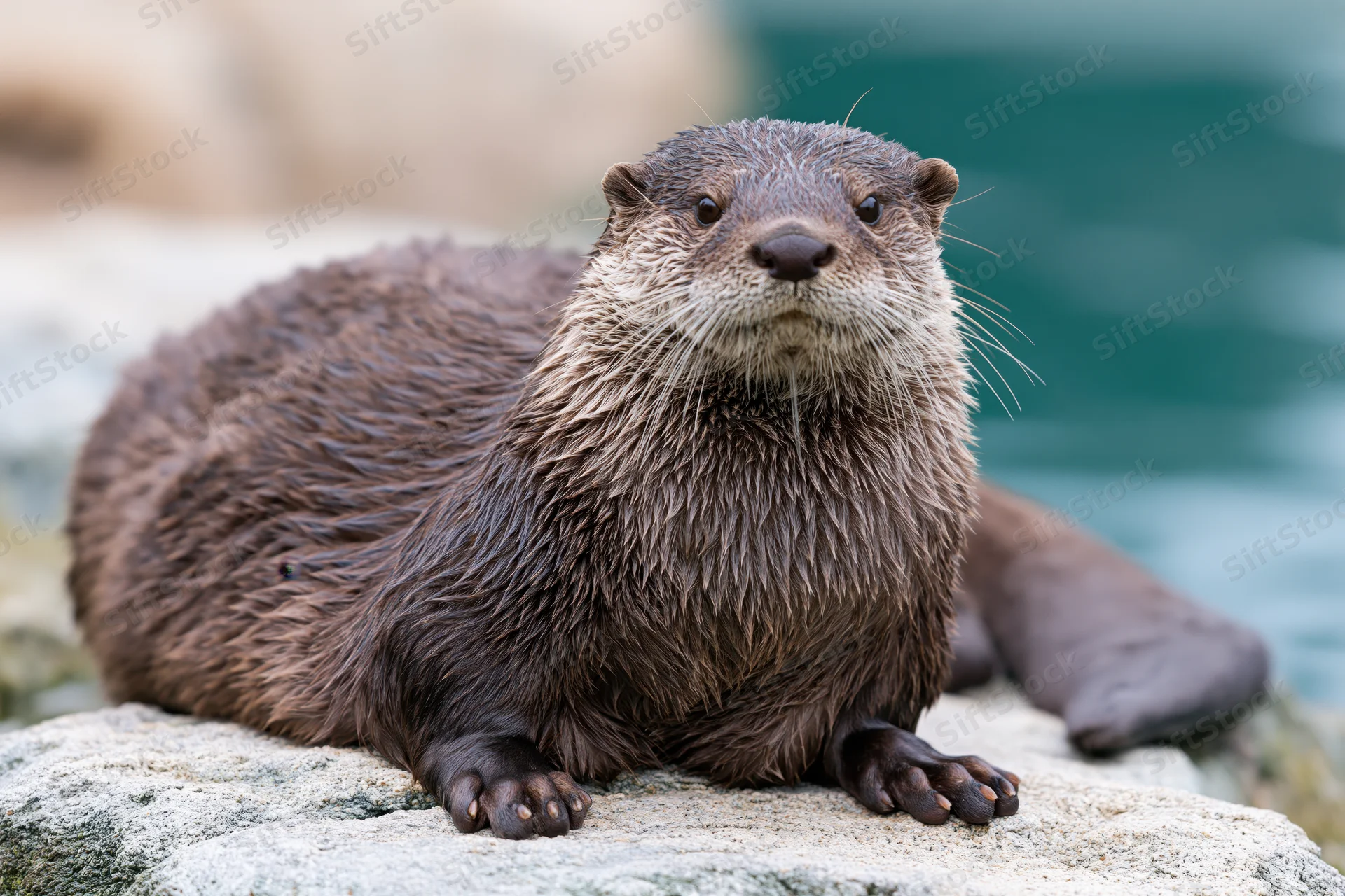 River otter resting on flat rock with front paws forward near water