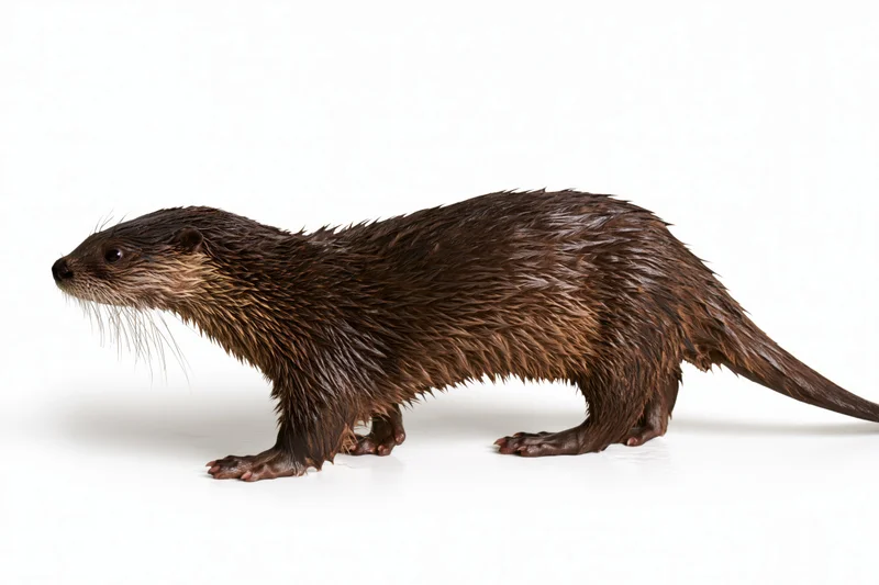 River otter walking low in profile against white background