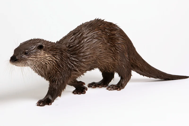 River otter walking low in profile on white background