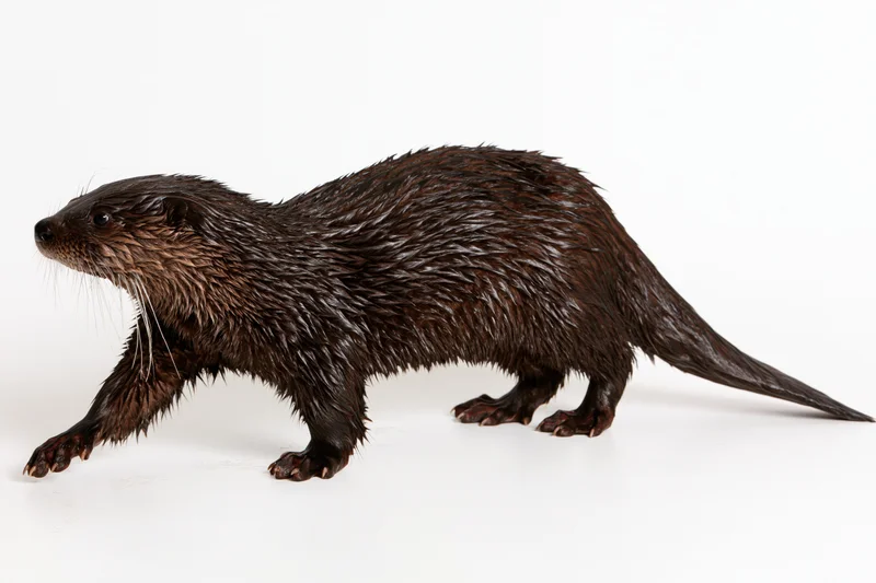River otter walking low to the ground in profile on white background