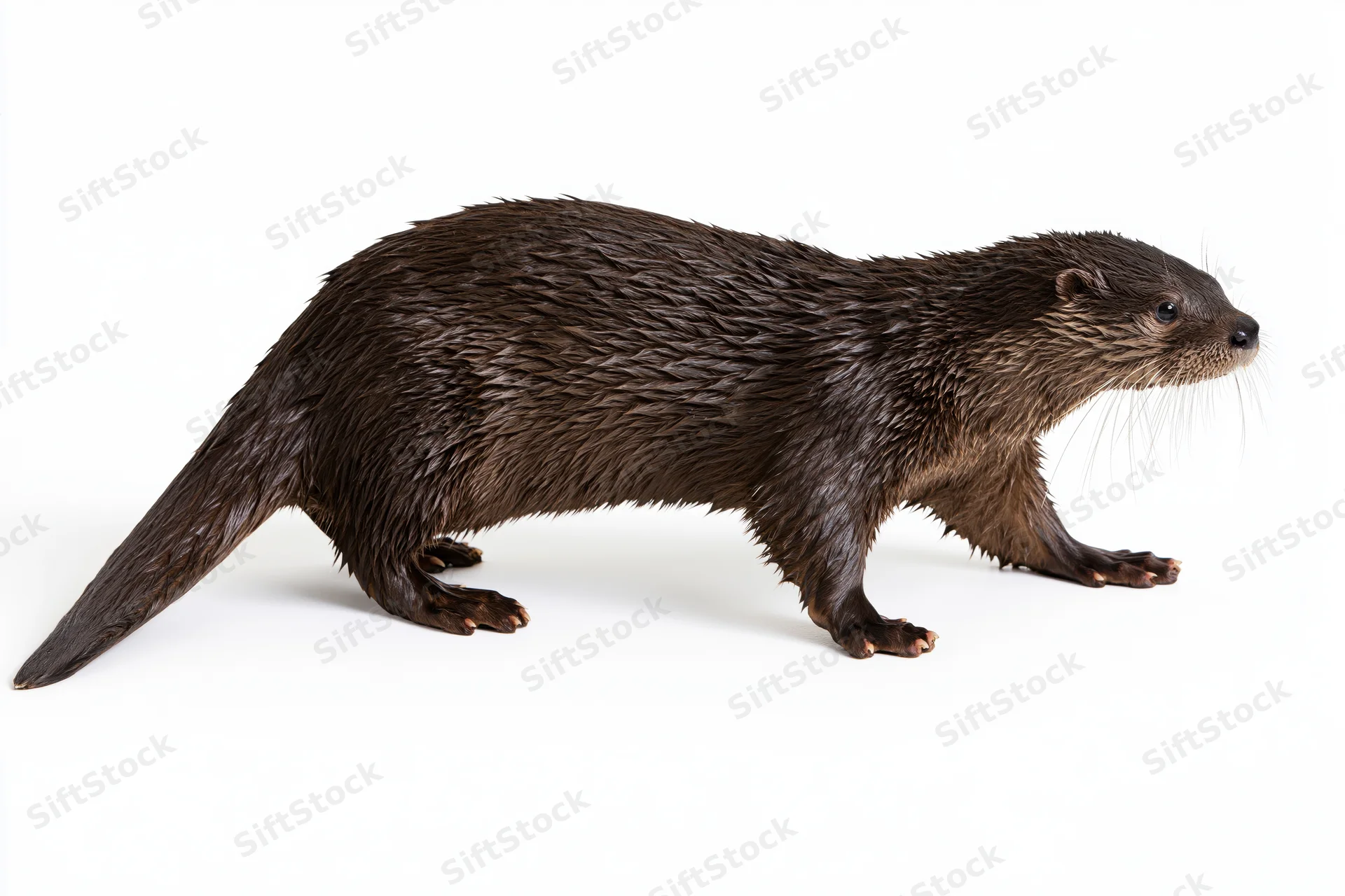 River otter walking low to the ground in a cautious stalking posture against white background