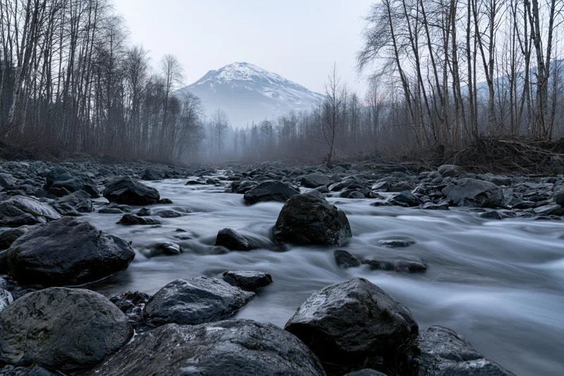 River flowing over boulders in a misty forested valley with snow-capped mountain in background