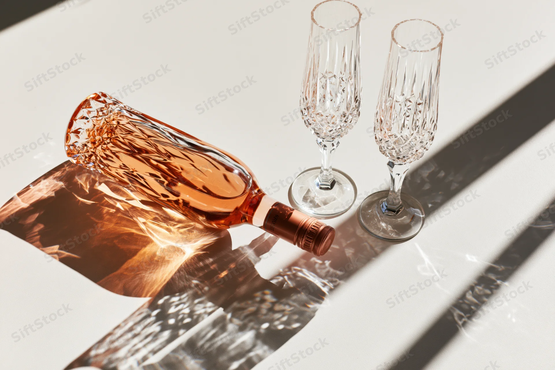 Rosé wine bottle lying on its side next to two empty crystal flutes on a reflective white surface